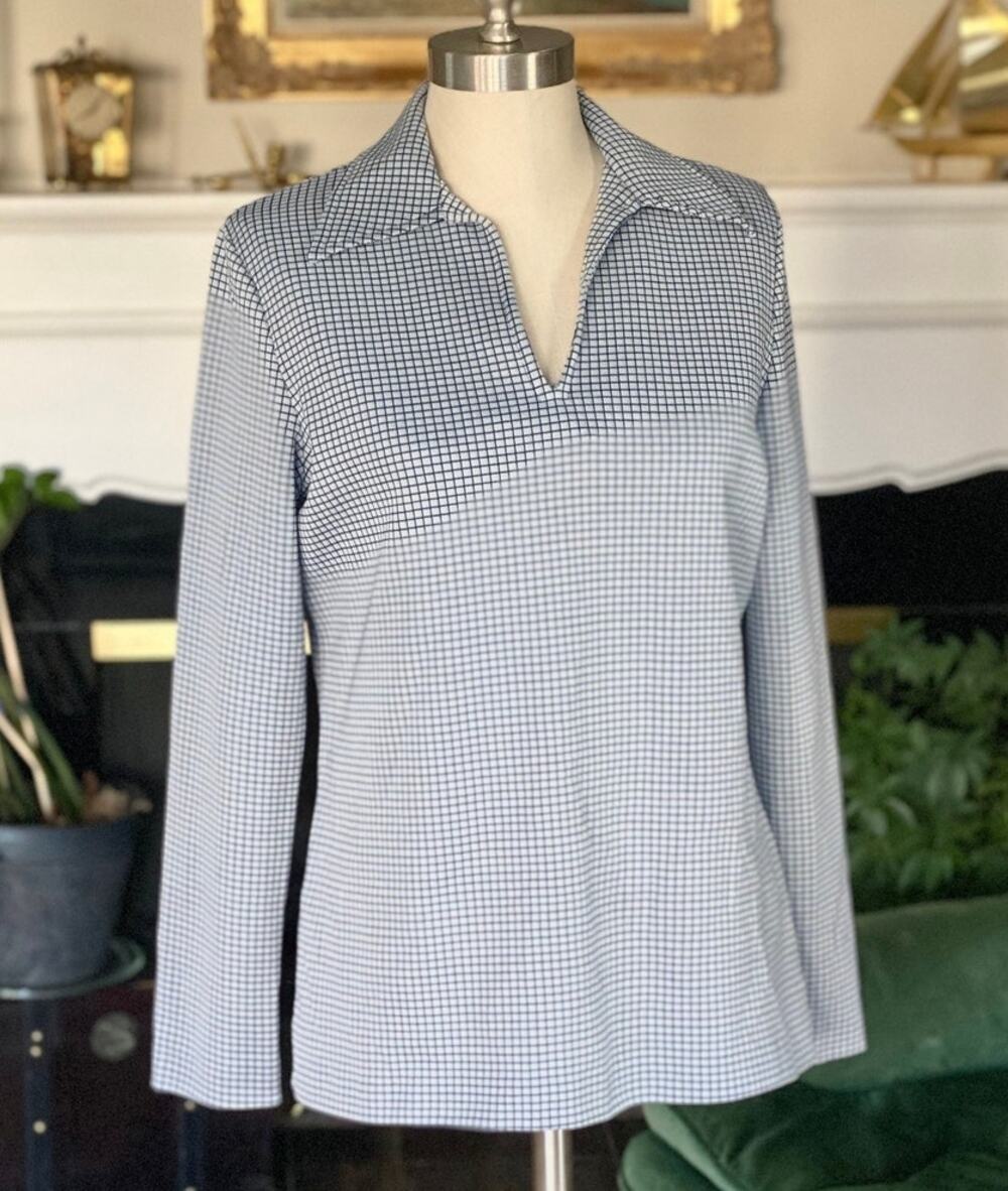 Vintage 70s Knit Blue White Checked Shirt, Dagger Collar, Stretchy Comfy, Size M
